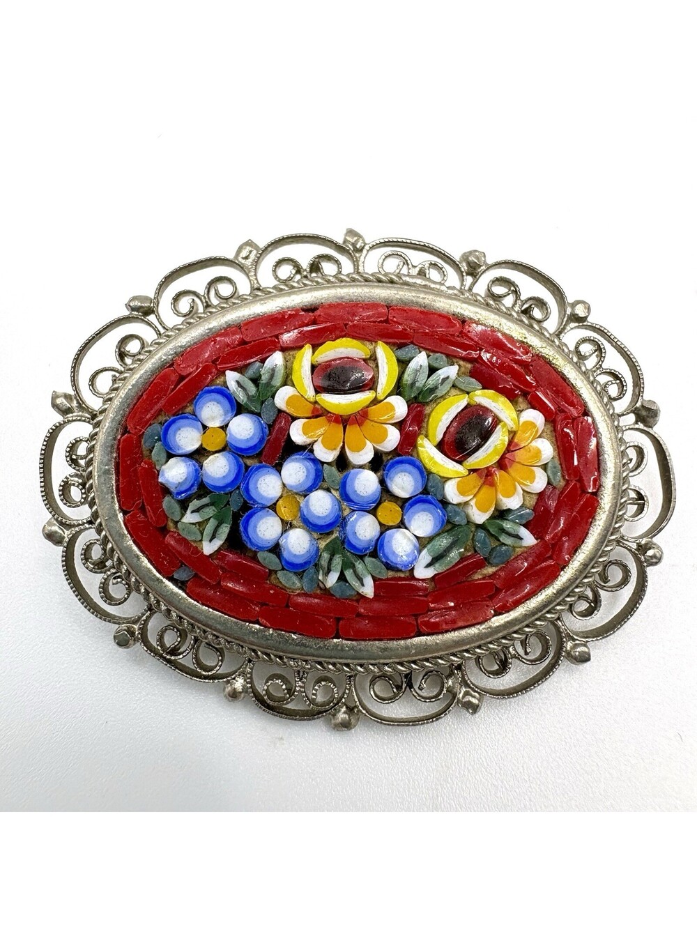 Vintage Italian Brooch Micro Mosaic Floral Pin Silver Tone READ